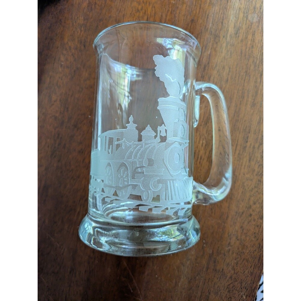 Heavy Glass Beer Mug Stein Etched Steam Locomotive Engine 6" Train Railroad